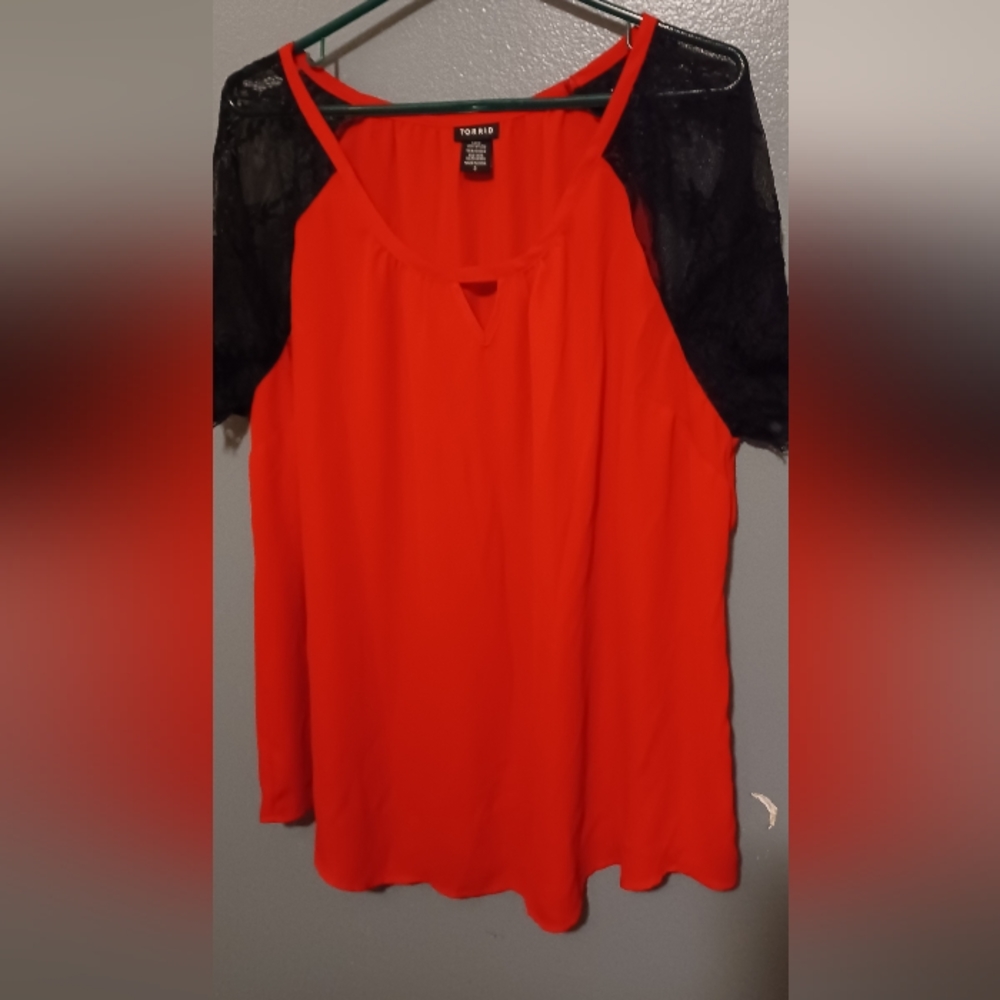 Torrid Red Top with Lace Shoulders